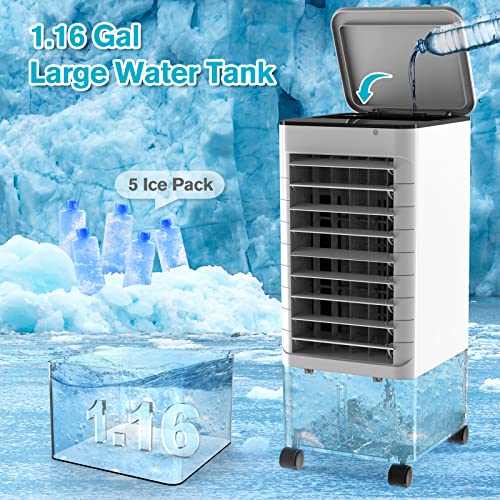 Portable Air Conditioners, 3-IN-1 Evaporative Air Cooler with Remote, 3 Modes 3 Speeds &12H Timer, 1.16Gal Portable AC, 5 Ice Packs & 4 Wheels, 45° Oscillation, Quiet Swamp Cooler for Room Home Office