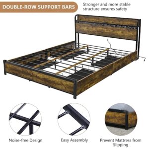 King Size Bed Frame with 4 Storage Drawers, LED Bed Frame with Charging Station, Metal Platform Bed King with Headboard & LED Lights, Double-Row Support Bars, No Box Spring Needed, Vintage Brown