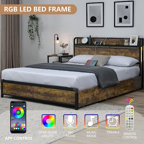 King Size Bed Frame with 4 Storage Drawers, LED Bed Frame with Charging Station, Metal Platform Bed King with Headboard & LED Lights, Double-Row Support Bars, No Box Spring Needed, Vintage Brown