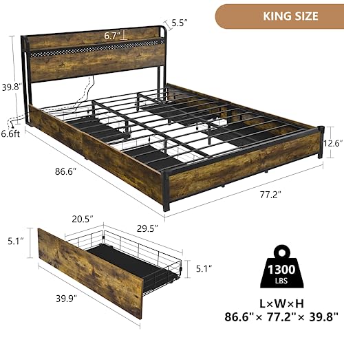 King Size Bed Frame with 4 Storage Drawers, LED Bed Frame with Charging Station, Metal Platform Bed King with Headboard & LED Lights, Double-Row Support Bars, No Box Spring Needed, Vintage Brown