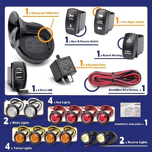 Universal ATV UTV SXS Turn Signal Street Legal Blinker Kit with 110DB Horn Reverse Hazard Light Rocker Switch USB Flasher Relay Compatible with Polaris RZR Ranger Xp Turbo Can-Am Kawasaki Golf Cart