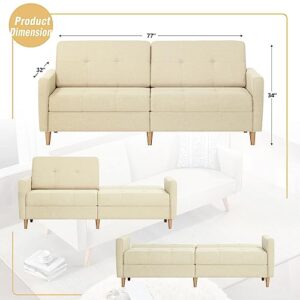 Imbesty Linen Upholstered Modern Convertible Folding Futon Sofa Bed, Adjustable Couch Sleeper Home Recliner Reversible Loveseat Folding Daybed Guest Bed for Compact Living Space, Apartment (Beige)