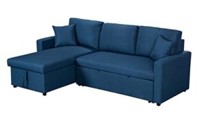 glanzend l-shape reversible linen sleeper sectional sofa with storage chaise, corner convertible couch w/ 2 throw pillows for living room, small apartment, dorm, navy blue, 57 inch