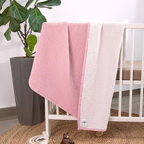 Lulu moon Muslin Baby Blanket - Cotton Quilt Blankets for Toddlers - Reversible Nursery Crib Blanket for Baby Boys and Girls 47"x47"(Pink)