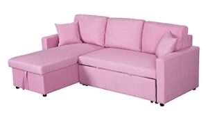glanzend l-shape reversible linen sleeper sectional sofa with storage chaise, corner convertible couch w/ 2 throw pillows for living room, small apartment, dorm, pink, 57 inch