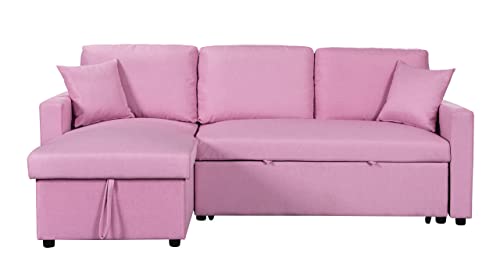 GLANZEND L-Shape Reversible Linen Sleeper Sectional Sofa with Storage Chaise, Corner Convertible Couch w/ 2 Throw Pillows for Living Room, Small Apartment, Dorm, Pink, 57 Inch