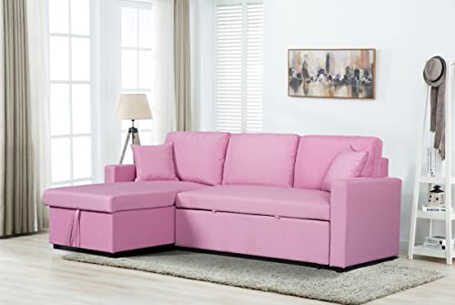 GLANZEND L-Shape Reversible Linen Sleeper Sectional Sofa with Storage Chaise, Corner Convertible Couch w/ 2 Throw Pillows for Living Room, Small Apartment, Dorm, Pink, 57 Inch