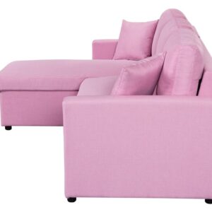 GLANZEND L-Shape Reversible Linen Sleeper Sectional Sofa with Storage Chaise, Corner Convertible Couch w/ 2 Throw Pillows for Living Room, Small Apartment, Dorm, Pink, 57 Inch