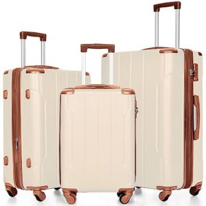 merax suitcases with wheels hardside luggage sets 3 piece, expandable and lightweight, travel suitcases for woman and man (white brown)
