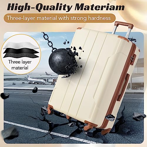 Merax Suitcases With Wheels Hardside Luggage Sets 3 Piece, Expandable And Lightweight, Travel Suitcases For Woman And Man (White Brown)