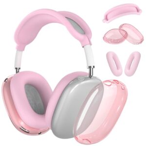 silicone case cover for airpods max, clear soft tpu earcup cover/silicone ear pad case cover/headband cover for airpods max, transparent accessories silicone protector for apple airpods max, pink