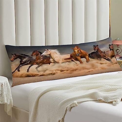 Lycomify Body Pillow Cover,Animals Galloping in The Sand Running Horses Pattern Printed Long Pillow Cases Protector with Zipper Decor Soft Large Covers Cushion for Beding,Couch,Sofa,Home Gift 20"x54"