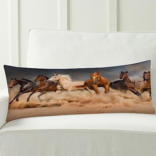 Lycomify Body Pillow Cover,Animals Galloping in The Sand Running Horses Pattern Printed Long Pillow Cases Protector with Zipper Decor Soft Large Covers Cushion for Beding,Couch,Sofa,Home Gift 20"x54"