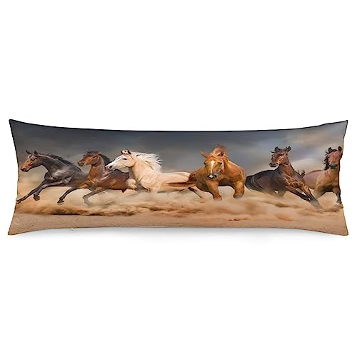 Lycomify Body Pillow Cover,Animals Galloping in The Sand Running Horses Pattern Printed Long Pillow Cases Protector with Zipper Decor Soft Large Covers Cushion for Beding,Couch,Sofa,Home Gift 20"x54"