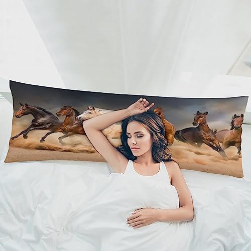 Lycomify Body Pillow Cover,Animals Galloping in The Sand Running Horses Pattern Printed Long Pillow Cases Protector with Zipper Decor Soft Large Covers Cushion for Beding,Couch,Sofa,Home Gift 20"x54"