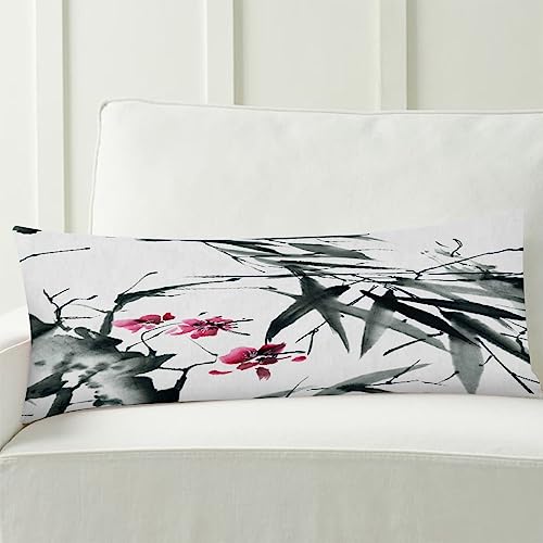 Body Pillow Cover,Bamboo Stems Cherry Blossom Japanese Inspired Folk Print Printed Long Pillow Cases Protector with Zipper Decor Soft Large Covers Cushion for Beding,Couch,Sofa,Home Gift 20"x54"