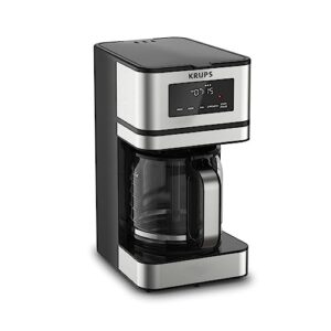 krups simply brew stainless steel and glass carafe drip coffee maker 14 cup programmable, customizable, digital display, warming function coffee filter, dishwasher safe, drip free silver and black