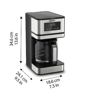 KRUPS Simply Brew Stainless Steel and Glass Carafe Drip Coffee Maker 14 Cup Programmable, Customizable, Digital Display, Warming Function Coffee Filter, Dishwasher Safe, Drip Free Silver and Black