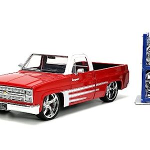 Just Trucks 1:24 1985 Chevy C10 Die-Cast Truck w/Tire Rack, Toys for Kids and Adults(Red/White)