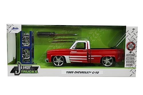 Just Trucks 1:24 1985 Chevy C10 Die-Cast Truck w/Tire Rack, Toys for Kids and Adults(Red/White)