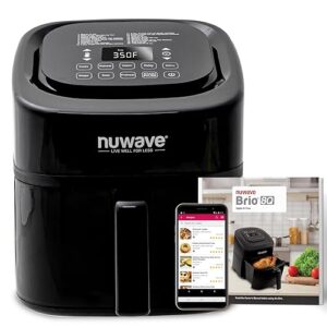 nuwave brio 8-qt air fryer, powerful 1800w, easy-to-read cool white display, 50°-400°f temp controls, 100 presets & 50 memory, 3 wattages 700, 1500, 1800, linear t technology, built-in safety features