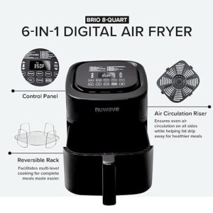 Nuwave Brio 8-Qt Air Fryer, Powerful 1800W, Easy-to-Read Cool White Display, 50°-400°F Temp Controls, 100 Presets & 50 Memory, 3 Wattages 700, 1500, 1800, Linear T Technology, Built-In Safety Features