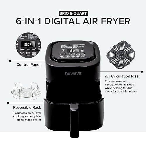 Nuwave Brio 8-Qt Air Fryer, Powerful 1800W, Easy-to-Read Cool White Display, 50°-400°F Temp Controls, 100 Presets & 50 Memory, 3 Wattages 700, 1500, 1800, Linear T Technology, Built-In Safety Features