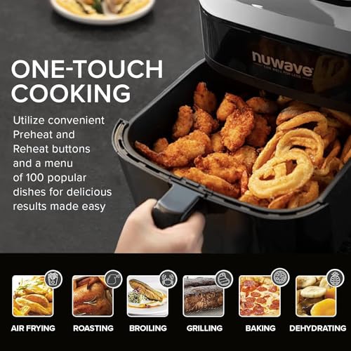 Nuwave Brio 8-Qt Air Fryer, Powerful 1800W, Easy-to-Read Cool White Display, 50°-400°F Temp Controls, 100 Presets & 50 Memory, 3 Wattages 700, 1500, 1800, Linear T Technology, Built-In Safety Features