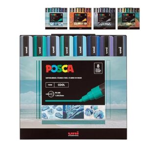 posca markers color tones set, acrylic paint pens with reversible tips for coloring and drawing on any surface, non-toxic formula, posca markers cool tones for rock painting, fabric, glass, & more