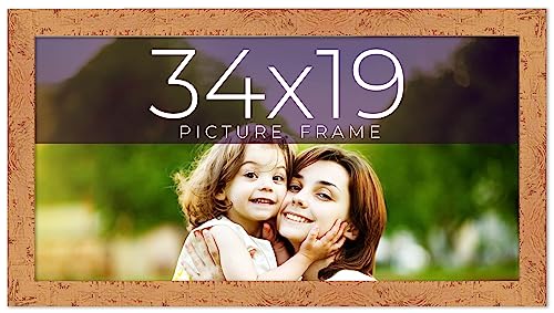 34x19 Frame Beige Real Wood Picture Frame Width 1.25 Inches | Interior Frame Depth 0.5 Inches | Mastic Distressed Photo Frame Complete with UV Acrylic, Foam Board Backing & Hanging Hardware