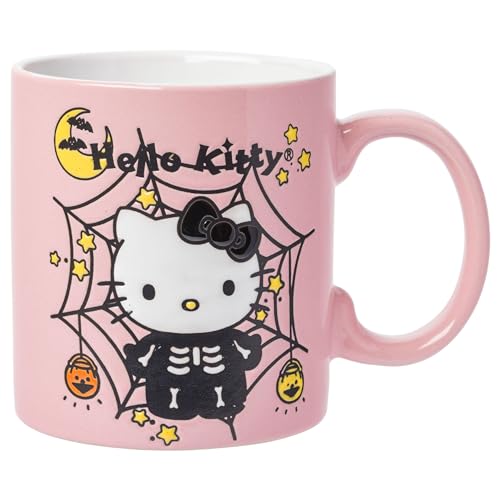 Silver Buffalo Sanrio Hello Kitty Halloween Skeleton Web Wax Resist Ceramic Mug, 20 Ounces