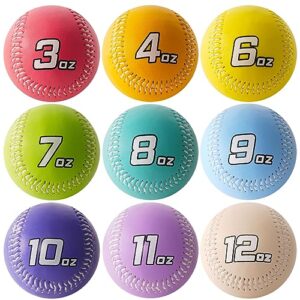 POPFRO Leather Weighted Baseballs Set of 9, 3-12 OZ Ploy Balls for Pitching/Hitting/Throwing/Batting,Practice Baseballs for All Skill Levels