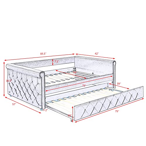 RUNWON Full Daybed with Trundle Upholstered Tufted Sofa Bed with Button and Copper Nail on Arms,Gray