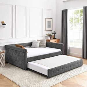 runwon full daybed with trundle upholstered tufted sofa bed with button and copper nail on arms,gray