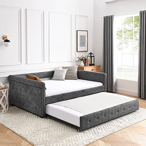 RUNWON Full Daybed with Trundle Upholstered Tufted Sofa Bed with Button and Copper Nail on Arms,Gray