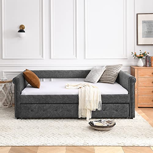 RUNWON Full Daybed with Trundle Upholstered Tufted Sofa Bed with Button and Copper Nail on Arms,Gray