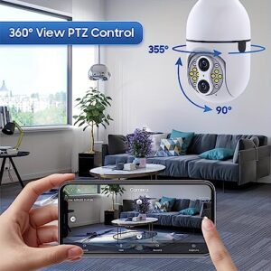 Light Bulb Security Camera, 10X Zoom PTZ E27 Light Socket Cameras for Home Security Outside Outdoor Indoor 2.4G Wireless WiFi, 1080P Color Night Vision, Auto Tracking, 360 Degree Panoramic(Dual Lens)