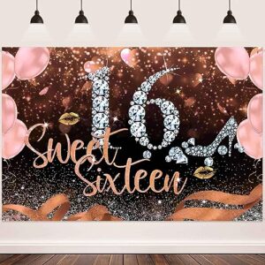 happy sweet 16th birthday backdrop balloons high heel diamond banner backdrop decorations for girls rose gold bokeh sweet 16 party supplies sweet sixteen birthday background photo booth props