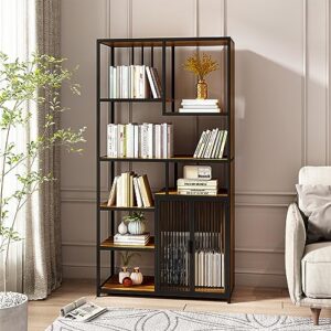 wetiny bookcase with glass door, 5-tier ladder bookshelf with cabinet, bedroom, living room, industrial furniture, small office/home office, black…