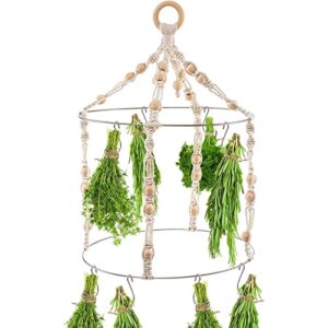 flower drying rack, stainless steel boho drying rack, handwoven wooden decorative drying hanger with 15 hooks, durable hanging herb rack with cotton rope, easy to use herb dryer for hydroponic plants