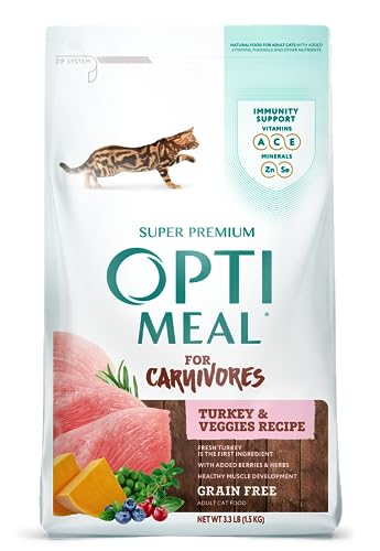 OPtimeal Grain Free Cat Food - Proudly Ukrainian - Healthy Cat Food Dry Recipe for Gut Health, Tasty Dry Cat Food with Immunity Support for Adult Cats (3.3 lbs, Turkey & Veggies)