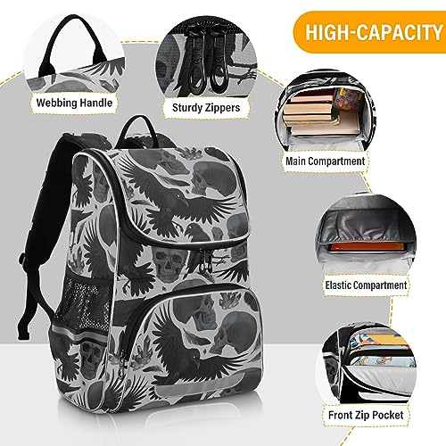 Sletend Backpack Gothic Crows Skulls Gothic School Backpack Travel Hiking Large Capacity Causal Daypack Bookbag Laptop Schoolbag with Reflective Tape for Boys Girls Adults