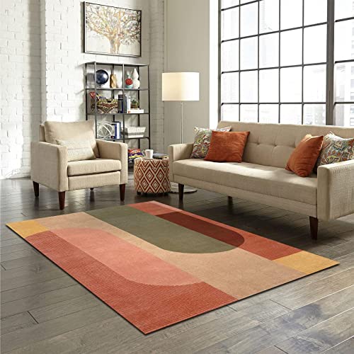 Boho Colorful Geometric Area Rug, Retro Pink Orange Print Carpet, Indoor Non-Slip Kids Rugs, Machine Washable Breathable Durable Carpet for Front Entrance Floor Decor,5 x 7ft