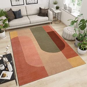 Boho Colorful Geometric Area Rug, Retro Pink Orange Print Carpet, Indoor Non-Slip Kids Rugs, Machine Washable Breathable Durable Carpet for Front Entrance Floor Decor,5 x 7ft
