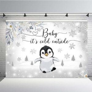 MEHOFOND 7x5ft Penguin Winter Baby Shower Backdrop Baby It's Cold Outside Background Silver Gliter Artic Animals Baby Shower Party Banner Decorations Photo Booth Props