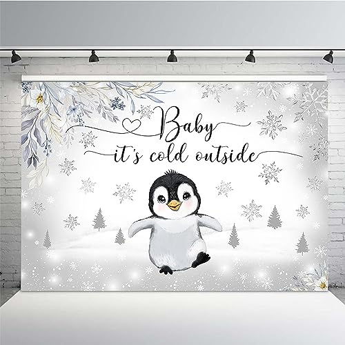 MEHOFOND 7x5ft Penguin Winter Baby Shower Backdrop Baby It's Cold Outside Background Silver Gliter Artic Animals Baby Shower Party Banner Decorations Photo Booth Props