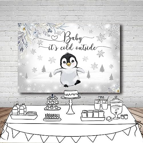 MEHOFOND 7x5ft Penguin Winter Baby Shower Backdrop Baby It's Cold Outside Background Silver Gliter Artic Animals Baby Shower Party Banner Decorations Photo Booth Props