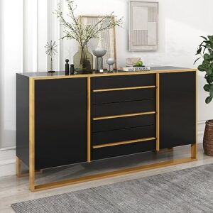 59" l sideboard buffet cabinet, modern kitchen storage cabinet with 3 drawer & 2 doors wood cupboard console table with gold metal legs entryway table console cabinet for dining living room, black