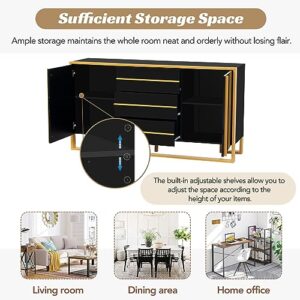 59" L Sideboard Buffet Cabinet, Modern Kitchen Storage Cabinet with 3 Drawer & 2 Doors Wood Cupboard Console Table with Gold Metal Legs Entryway Table Console Cabinet for Dining Living Room, Black