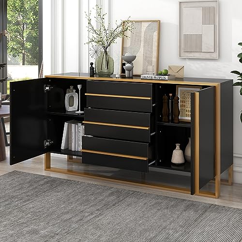 59" L Sideboard Buffet Cabinet, Modern Kitchen Storage Cabinet with 3 Drawer & 2 Doors Wood Cupboard Console Table with Gold Metal Legs Entryway Table Console Cabinet for Dining Living Room, Black